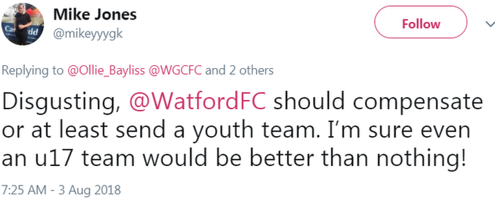 Picture of a tweet by Mike Jones: "Disgusting. Watford should compensate or at least send a youth team. I'm sure even an under-17 team would be better than nothing."