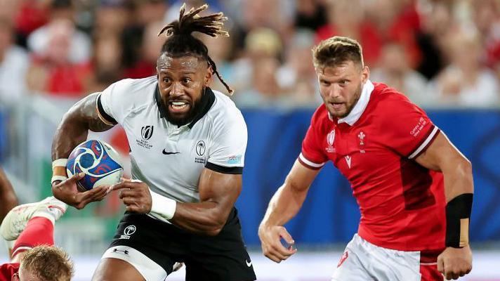 Centre Waisea Nayacalevu, who has 40 Fiji caps, in action against Wales in 2024