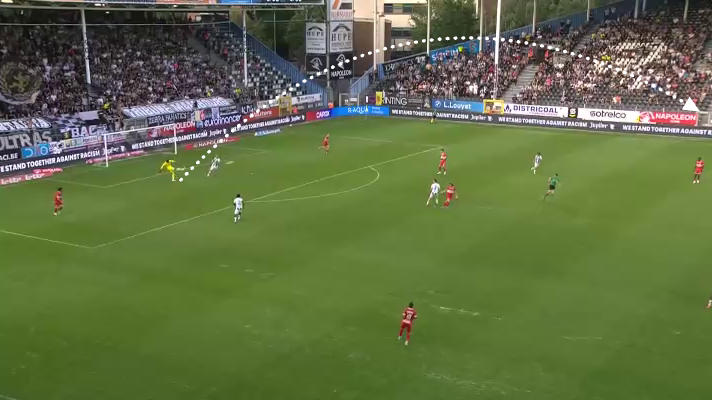 A screengrab showing goalkeeper Senne Lammens passing the ball long and towards the left side of the pitch.