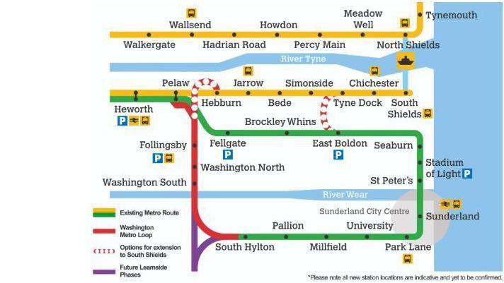 Map showing existing Tyne and Wear Metro lines, in yellow and blue, and proposed ones in red (for the Washington Metro Loop) and purple (illustrating future Leamside Line phases).