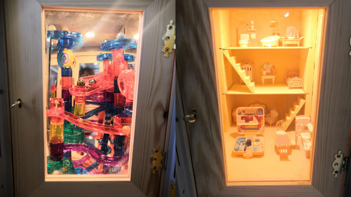 A composite of tow pictures showing two different lockers, one with a marble run and the other with a Polly Pocket dollhouse.