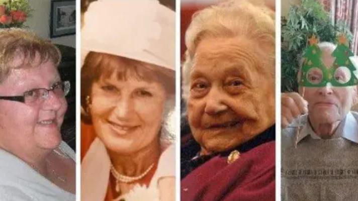 Susan Skinner, Jean Hartley, Stanislawa Koch and Ronald Bampfylde. Ms Skinner is seen with short blonde hair, brown eyes and glasses. Ms Hartley is wearing a light pink hat with short brown hair and is smiling. Ms Koch is smiling at the camera with short white hair in a maroon top. Mr Bampfylde is holding up a pair of Christmas tree glasses and has white hair and a grey jumper.