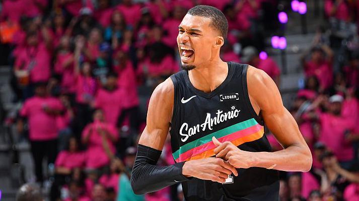 Victor Wembanyama celebrates during the San Antonio Spurs' win over the Portland Trail Blazers in game one of their 2026 NBA play-off series