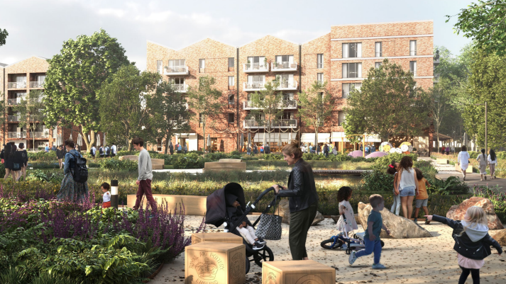 We can see a busy, leafy street scene, with people in the foreground and modern flats in the background.
