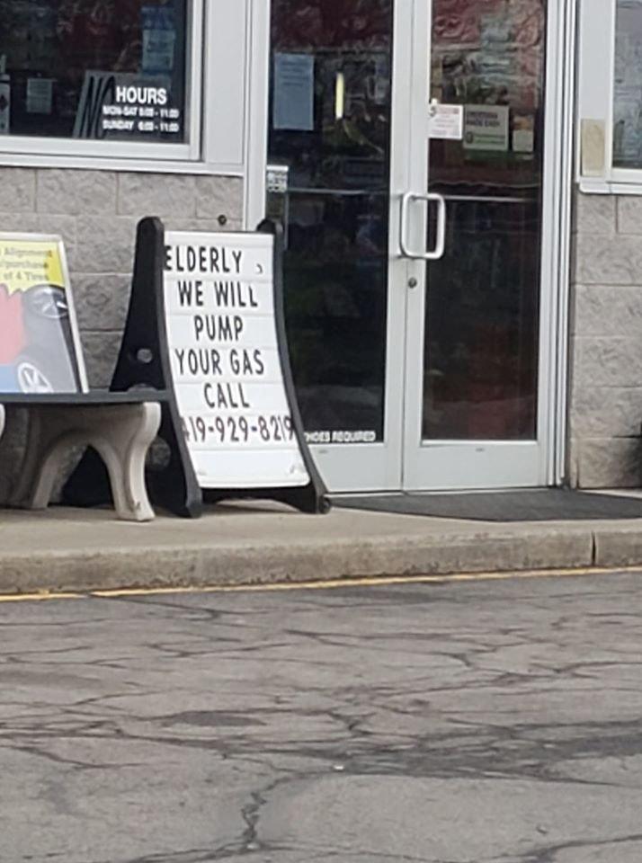 New London sign says 'elderly, we will pump your gas'