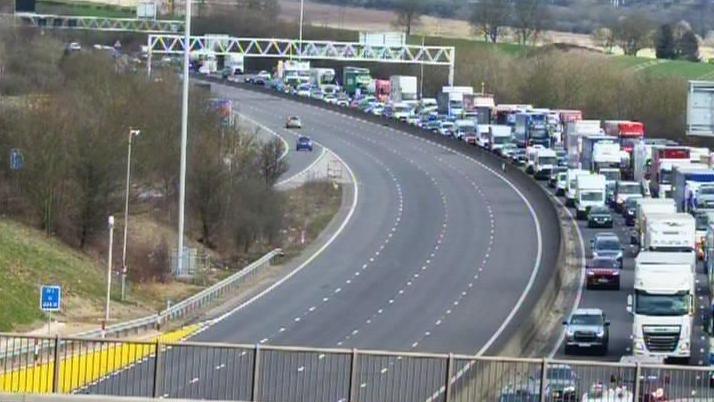 Queues on the motorway from a traffic cam