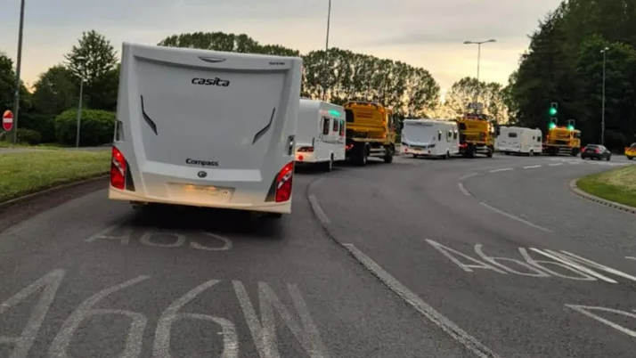 A queue of caravans on the A66 Westbound