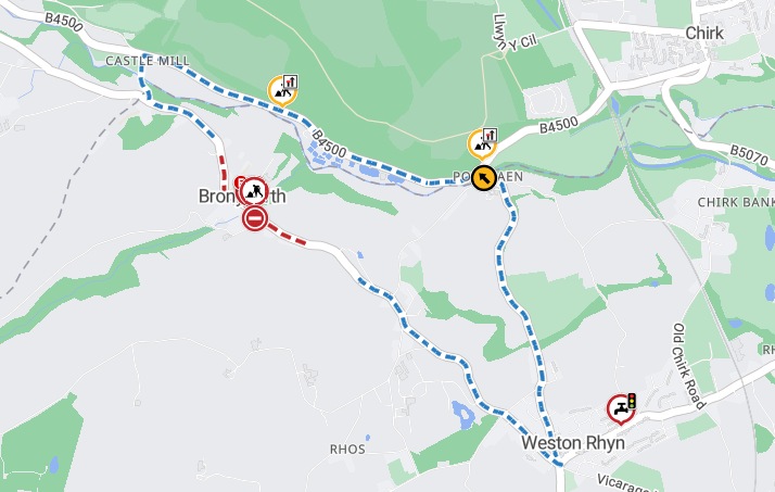 A rodworks map showing a short red road closure through the middle of Bronygarth, with a much lengthier blue circular diversion taking in Weston Rhyn and crossing the Welsh border onto the B4500.