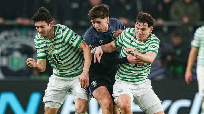 Rangers' Mikey Moore (centre) against Ferencvaros