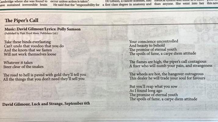 Lyrics in newspaper