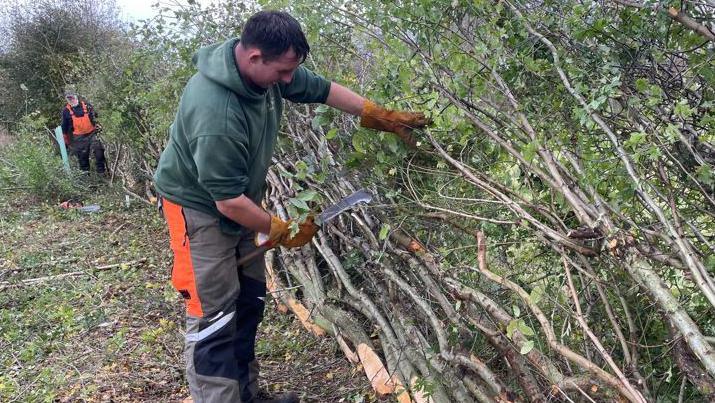 A man wearing a green hoodie and orange gloves has a large blade in his hand and is chopping down branches. 