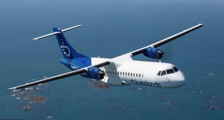 A white and blue plane flying over a blue sea inset with some rocks