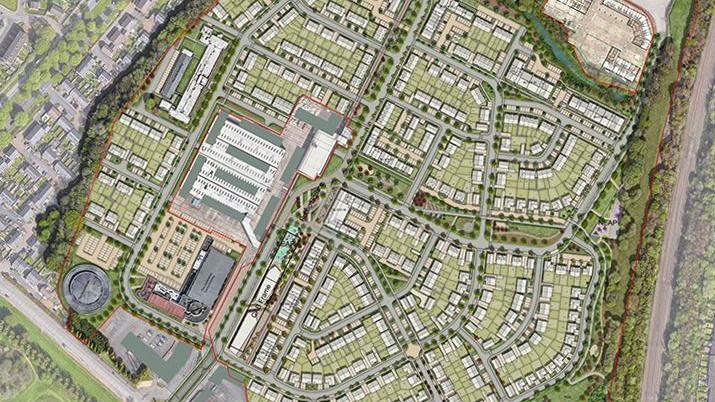 Part of the map of the proposed development which shows houses, green spaces and other buildings. 