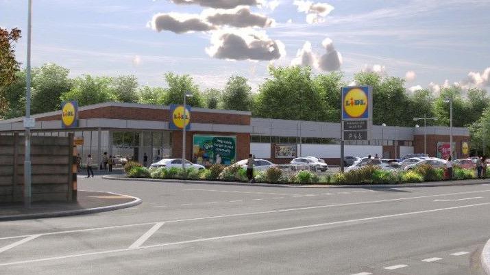 Artist's impression of the one-storey Lidl store with car park surrounding it