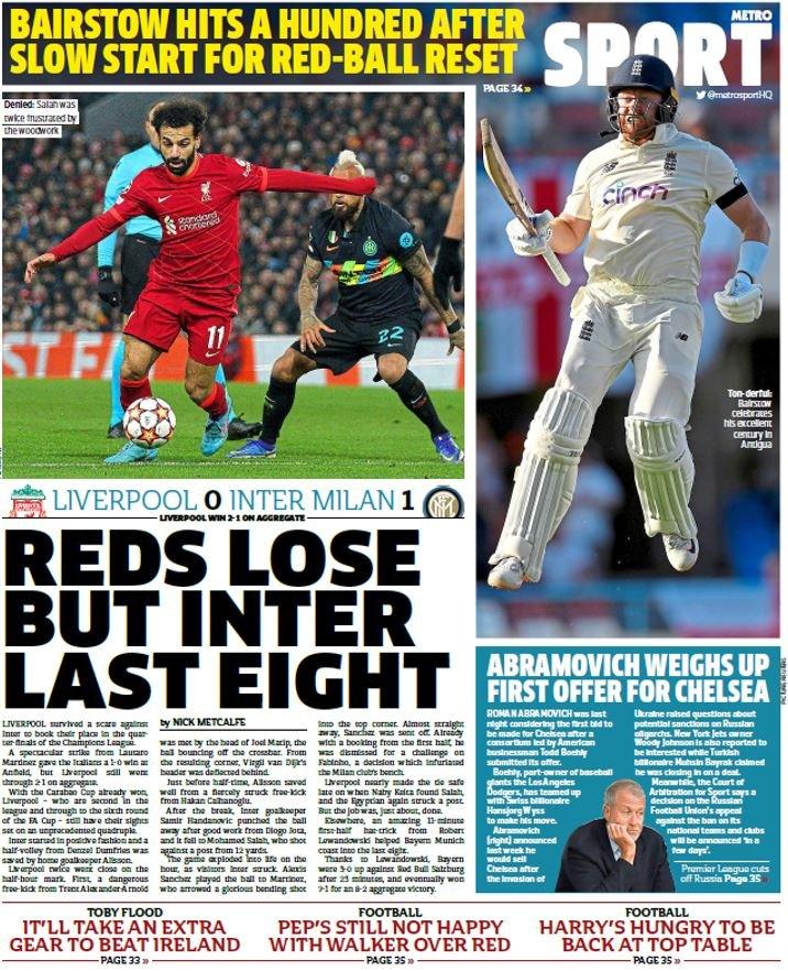 Wednesday's Metro back page: Reds lose but Inter last eight