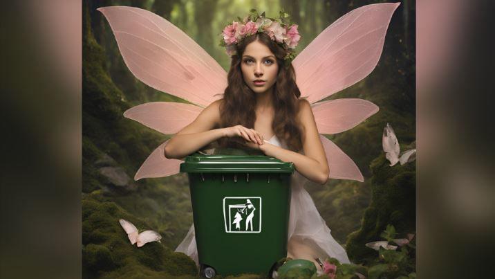 A woman dressed as a fairy posing with a bin