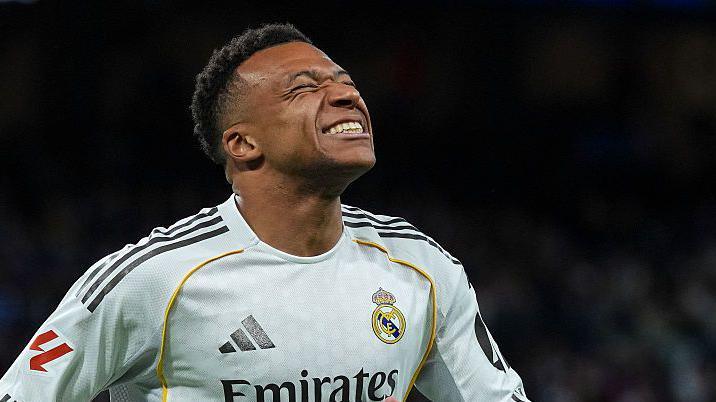 Kylian Mbappe of Real Madrid CF reacts to a missed chance during the LaLiga EA Sports match between Real Madrid CF and Real Oviedo at Estadio Santiago Bernabeu on May 14, 2026 in Madrid, Spain.
