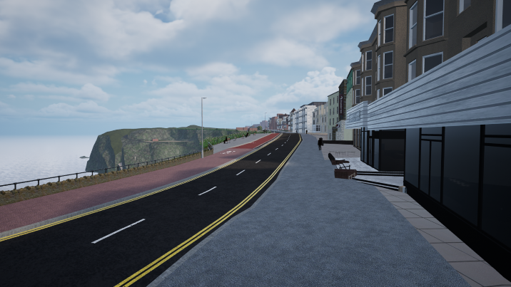 CGI image shows the work at Narrowcliff. The image shows a road and a cycle path on the edge of a cliff. The cycle and walking path is red. Properties line the edge of the road on the right hand side.