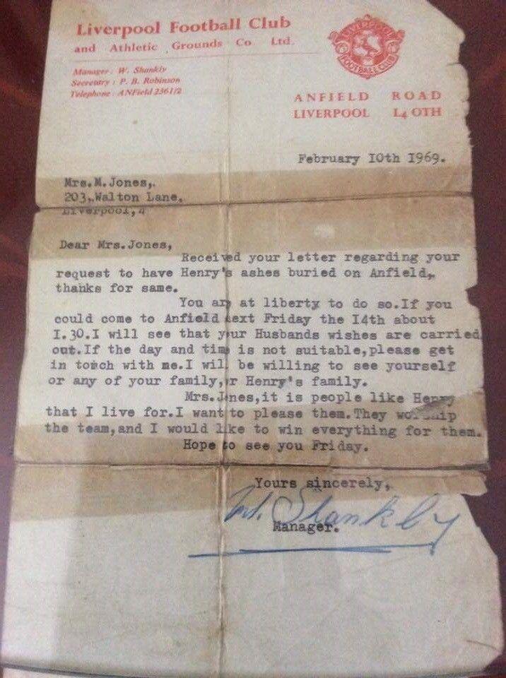 An image of a letter from Bill Shankly authorising someone to have their ashes buried at Anfield