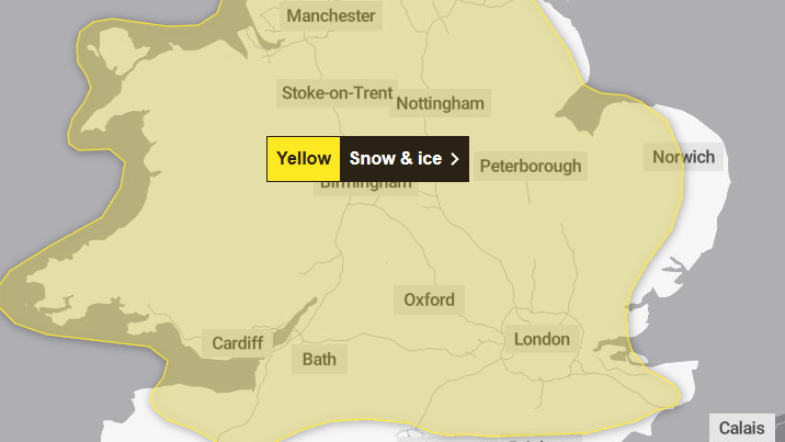 A map shows a close up view of England and Wales. A yellow layer above the map shows where the Met Office's yellow weather warning for snow and ice covers. A small part around the English coastline in the east and south is not covered by the yellow warning.