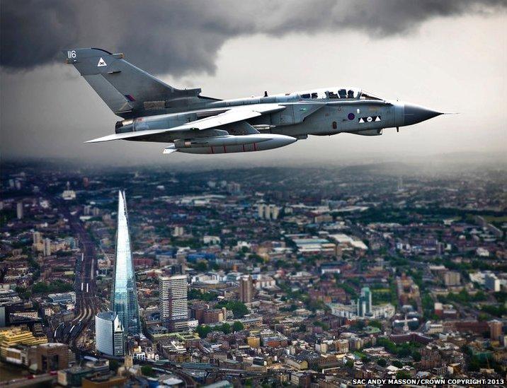 Tornado GR4 flying over The Shard in London