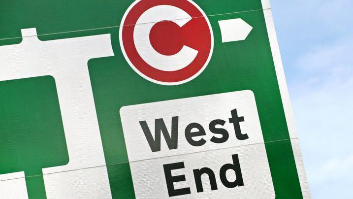 A close up of a green traffic sign with the congestion charge logo in red and directions to the West End of London. 