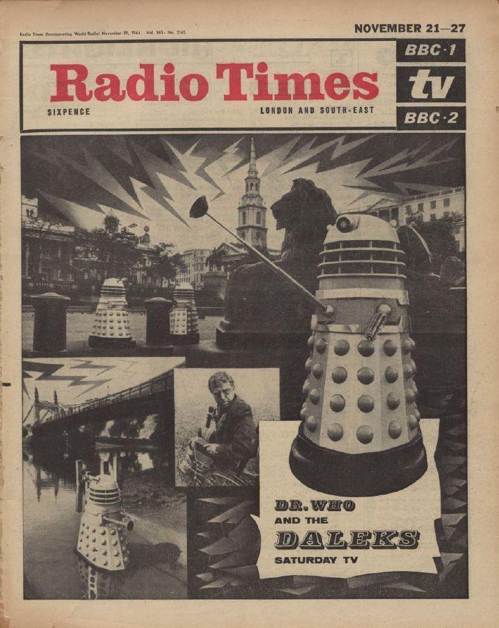 Radio Times cover from November 1964 showing a montage of black and white photos of Daleks in London