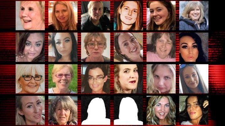 A collage of pictures of 22 of the 24 women who have died violently in Northern Ireland since 2020, with two silhouettes representing the other two women