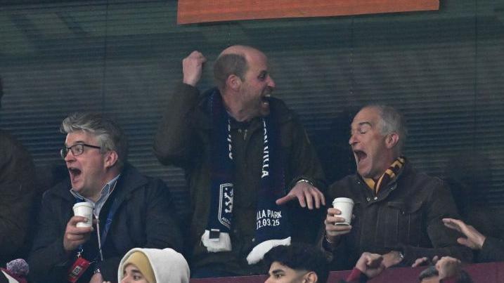 Prince William, Prince of Wales, celebrates after the first Aston Villa goal during the Uefa Champions League 2024/25 Round of 16 Second Leg match between Aston Villa FC and Club Brugge