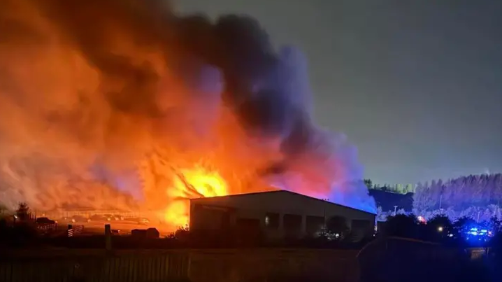 Huge flames are seen coming from the large building at night. There is a forest behind in the background