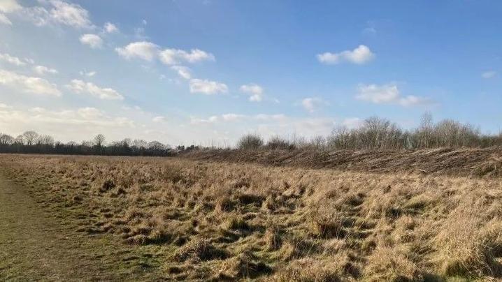 A large open field lying beneath a blue sky with a few clouds. The grass is mostly overgrown and has lost its colour. In the background are trees which appear to have no leaves.