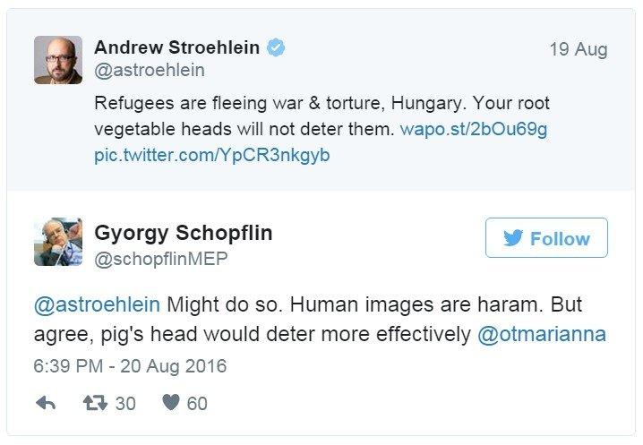 Tweet: Might do so. Human images are haram. But agree, pig's head would deter more effectively @otmarianna