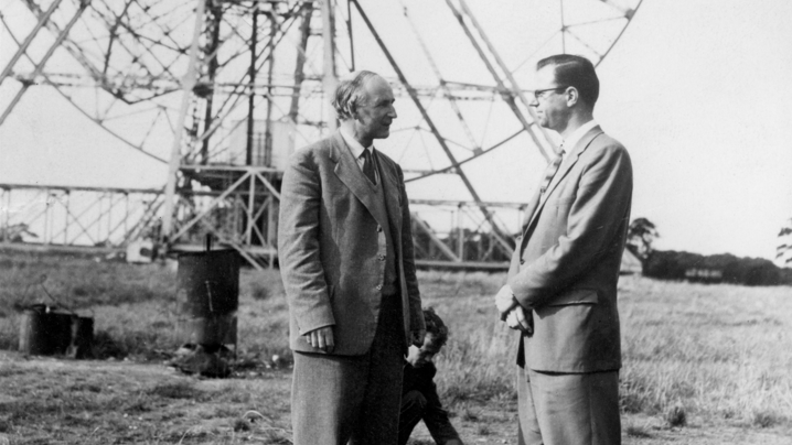 Professor Sir Bernard Lovell (left), director of the radio astronomy station at Jodrell Bank, Cheshire, and John Taber, chief American scientist there, take a breather in the open air beside the 250ft wide bowl of Jodrell Bank"s radio telescope as the giant instrument tracks the path of the American moon rocket fired from Cape Canaveral, Florida.