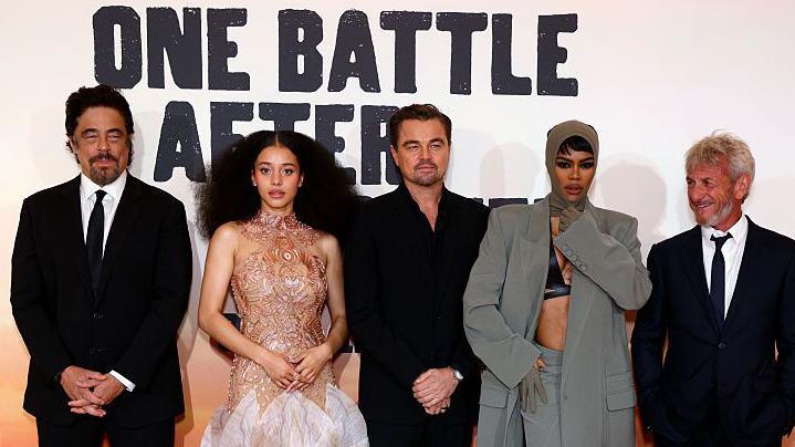 L-R) Benicio del Toro, Chase Infiniti, Leonardo DiCaprio, Teyana Taylor and Sean Penn attend the London Premiere of "One Battle After Another" at Leicester Square on September 16, 2025 in London, England.