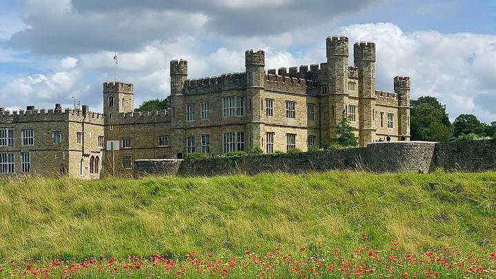 A castle in a field. poppies at the bottom of the frame of the photo.