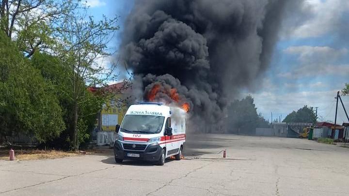 A burning ambulance