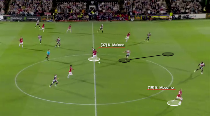 A screengrab from the Grimsby game showing how Mainoo broke free to get the better of Grimsby’s man-to-man press in the lead up to Mbeumo’s goal.