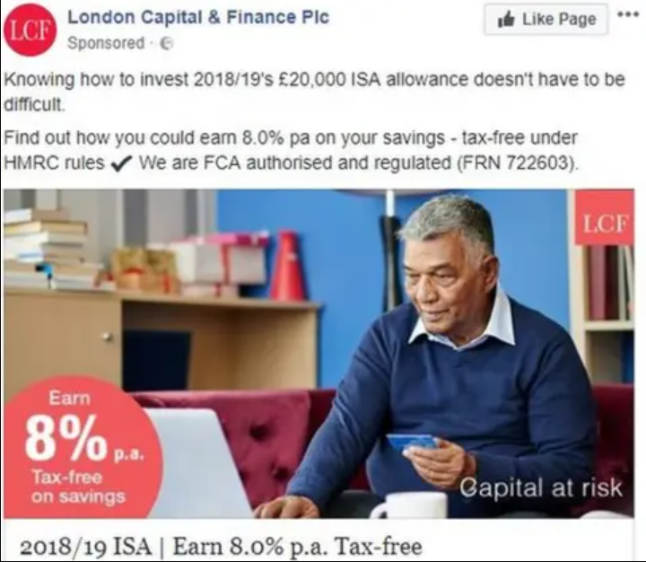 A facebook advertisement telling people they could earn 8% per annum tax free on savings by investing