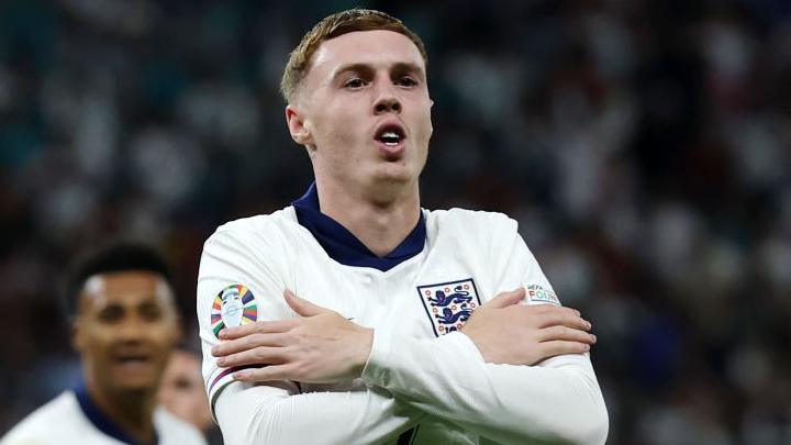 Cole Palmer celebrates scoring for England in the Euro 2024 final against Spain in Berlin.