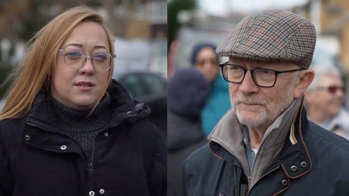 A composite image of two residents. Becky is on the left, with long auburn hair and is wearing clear-framed glasses and a black roll kneck jumper and puffer jacket. Stuart has a flat cap on with black glasses and a short white beard, he is wearing a grey fleece under a dark blue coat.