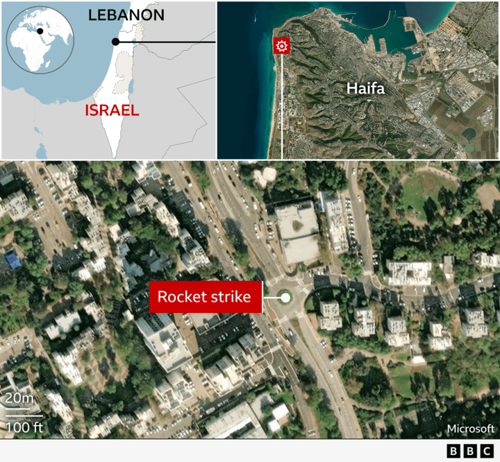 Map showing location of Hezbollah rocket strike in Haifa, northern Israel, on 6 October 2024