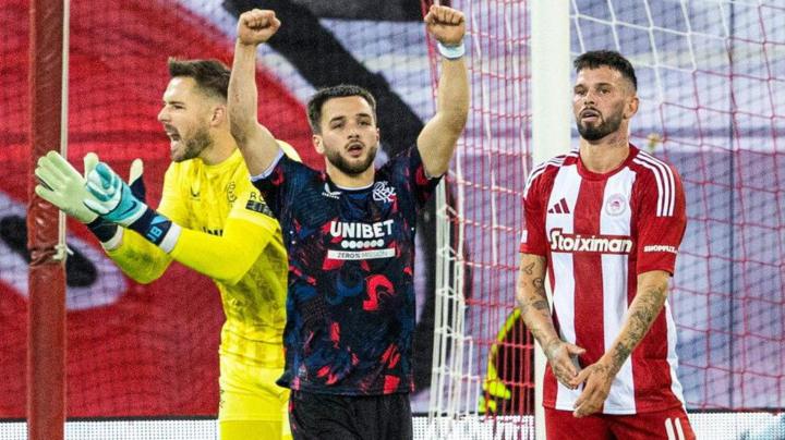 Rangers playing Olympiakos in the 2024 Europa League match held in Greece