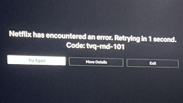 An error message saying "Netflix has encountered an error. Retrying in 1 second"