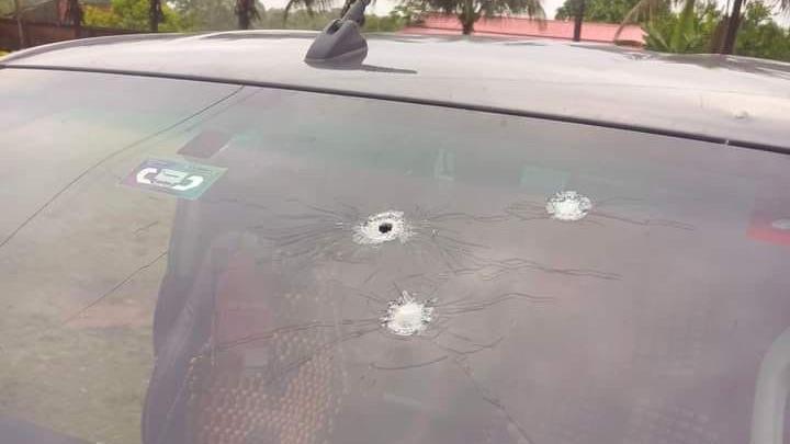 Bullet holes on the vehicle that was transporting Bolivia's former President Evo Morales