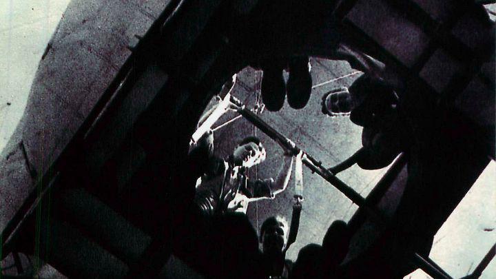 Paratroopers drop through a balloon cage at Tatton Park