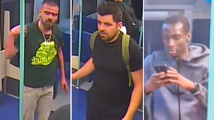 A composite image of three men. The one on the left is white, he is wearing a green T-shirt with a bright yellow design in the middle and beige trousers. He has a gold chain on, a brown beard and short brown hair. The middle man is white, with short brown hair and a short brown beard. He is wearing a black T-shirt with a khaki green rucksack on. The man on the left is black, with short black hair, wearing a black watch and blue/grey zip-up hoodie.