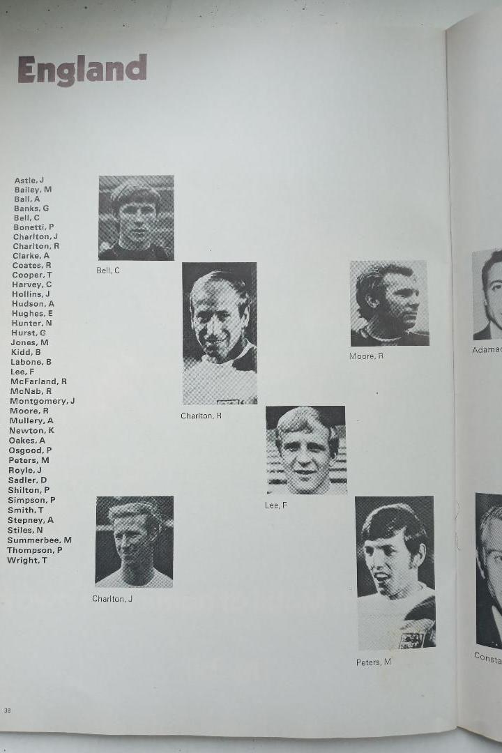 The England team page from the 1970 World Cup programme