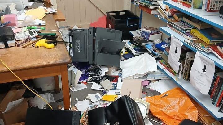 Oxfam shop in Syston, Leicestershire after someone had broken into the shop leaving a mess