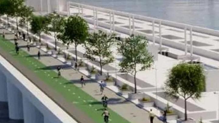 Artist's impression of the barrier with trees, walking and cycle paths