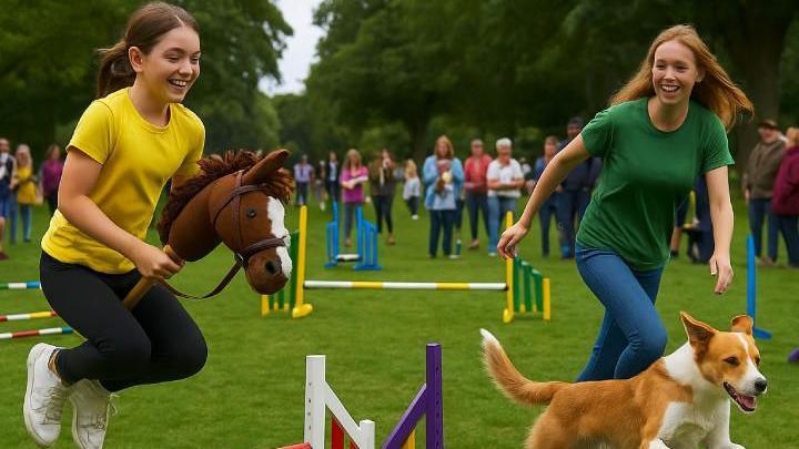 Two teenage girls are grinning - one is jumping in the air holding onto a hobby horse, and the other is running alongside a dog on an obstacle course.